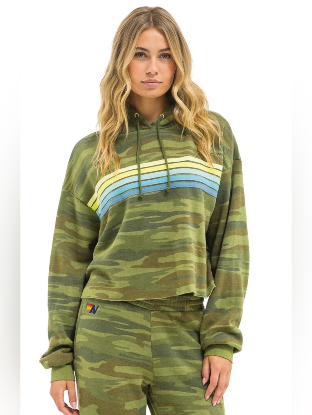Aviator Nation 5 STRIPE RELAXED CROPPED PULLOVER HOODIE - CAMO LIME AQUA L